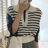 2022 New Pullovers Striped Sleeveless Knitted POLO Collar Wild Spring Autumn Women Sweaters Short Vests