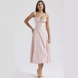 Fongt New Sexy Bare Back Sling Dress Holiday Breeze Flower Fork Long Skirt