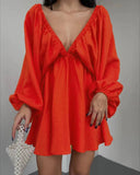 Fongt New V-Necked Long-Sleeved Dress Independent Design Bubble Sleeve Dress