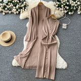 Fongt Senior Sense Loose External Medium And Long Knitted Cardigan Jacket + Sleeveless Metal Buckle Joint Skirt