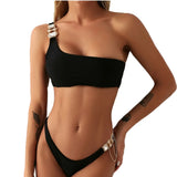 Fongt New Swimsuit Luxury Crystal Diamond Chain Female Split Swimsuit Plain Color One Shoulder Sexy