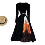 Fongt Knit Splicing Dress Simple Temperament Round Collar Long Sleeve Gradient Slim Thin Long Skirt Woman-Outfit