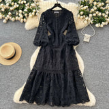 Fongt Fashion Dress Women 2025 Spring New French Waist Display Thin Hollow Hook Lace Leaves Side Dress