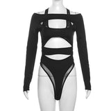 Fongt Autumn Fashion Trend Women's New Long-Sleeved Hollow Body Open Umbilly Solid Color Conjoined