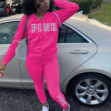 Casual Tracksuits Women Solid Two Piece Set Women Plus Size Pink Letter Embroidery Zipper Hoody Coat + Pants Sets