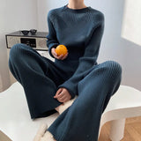 Fongt And Winter Solid Color Round Collar Open Fork Sweater Set Women's Loose Knitting Tops Broad Leg Pants Two Sets