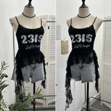 Fongt Shooting Lace Sling Vest Irregular Ribbon Hot Wear Print Short-Sleeved Top 1193