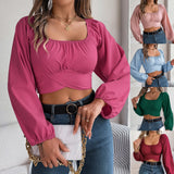Shooting Spring And Summer Leisure Lantern Sleeves With Waist Chiffon Umbilled Tops Women's