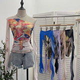 Design-Sensitive One-Shoulder Horn Long-Sleeved Mesh Yarn-Print T-Shirt With Short Tight Top