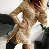 Fongt Autumn And Winter Knit Dress V Collar Slimming In The Long Temperament Of The Solid Color Dress High Waist Thin