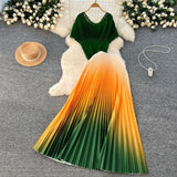 Fongt Folded Suit Women's Summer Design Feeling Shiny Short-Sleeved Top High Waist Gradient Color Bajamas Skirt