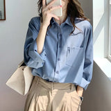 Women Vintage Solid White Shirt With Pockets Long Sleeve Korean Style Casual Chiffon Blouse Spring Office Lady Basic