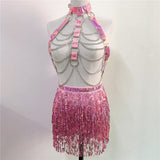 Women PU Leather Harness 2 Piece Set Sexy Hollow Out Metal Chest Chain With Tassel Sequins Mini Skirt Gothic Party Club