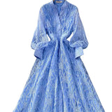 Fongt Retro Elegant Dress Woman 2025 New High-End Collar Single Buckle Waist Embroidery Mesh Dress