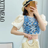 Women Fashion Contrast Crochet Poplin Crop Blouses Vintage Puff Sleeves Back Buttons Female Shirts Blusas Chic