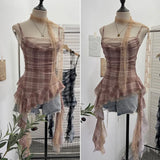 Fongt Lattice Splicing Lace Ribbon Ribbon Swing Tie Sling Sling Vest Irregular Lotus Leaf Side Hottie Top 8078