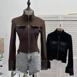 Fongt Modern Zipper Collar Spliced Pu Leather Shirt Babes Short Jacket Coat Fur Coat 1365
