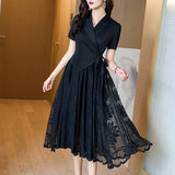 Elegant Commuter Mosaic Midi Pleated Dress Short Sleeve Lapel Elegant Dress Embroidered Mesh Splice Beaded Premium Dress-Outfit