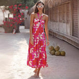 Fongt Summer Dress Hanging Neck Sleeveless Print A-Shaped Bohemian Long Dress Girl