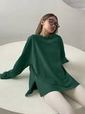 Fongt Hot Loose Long-Sleeved Open-Fork T-Shirt Women's Solid Color 100% Cotton Top Spring And Summer Women's Clothing