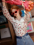 Style Spring Summer Floral Top Loose V-neck Casual Long Sleeve Women White Shirts Elegant Blouses