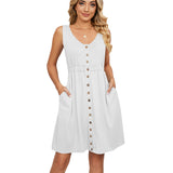 / Summer 2023 Solid Color Sleeveless Button Pocket Round Collar Slit Closed Waist Dress-Outfit