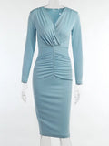 Knee Length Party Dresses Ruched Women Long Sleeve V-Neck Sexy Bodycon Elegant Lady Dress Women Solid 2021 Autumn