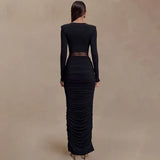 Fongt 2025 New Solid Color Long-Sleeved Deep V-Neck Sexy Folded Empty Bag Dress Dress Woman