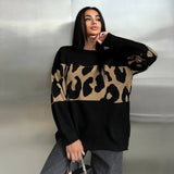 Fongt Leopard-Print Sweater Languid Wind Collar Loose-Fitting Fashion Casual Wear Autumn And Winter Top Woman