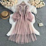 Fongt Korean Version Of The Lantern Sleeve Waist Show Thin Net Gauze Nail Bead Dress Three-Dimensional Flower Fairy Dress-Outfit