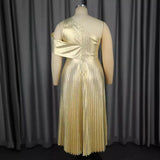 Fongt Summer New Elegant One-Shoulder Sleeveless Dress Dress Banquet Of Gold Folds Dress Dress