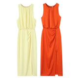 Fongt New Women's Folded Decorative Silk-Sense Dress 2544313