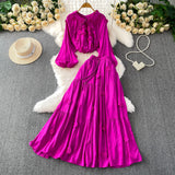 Fongt Style Pink Three-Dimensional Flower Collar Lantern Sleeve Shirt Lady Autumn High-Rise Dress Set