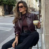 Fongt Women's Dress 2025 New Retro Simple Collar Zipper Leather Jacket