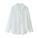 Fongt Women's Summer Folding V-Neck Folding Collar Trim With Chiffon Long-Sleeved Shirt Skirt Suit