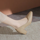 Fongt Bare-Colored High-Heeled Women's French Temperament Spring Small Square Head Coarse Working Shoes With Skirt Soft Leather Single