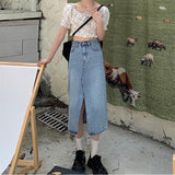 Waist Skirts Women Retros Denim Sexy Split Solid Summer Mid-calf Faldas All-match A-line Fashion Preppy Korean Style