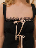 Retro Lace Patchwork Sleeveless Strap Camis Tops for Women Summer Clubwear Square Neck Front Split Lace-up Tank Vest-Outfit