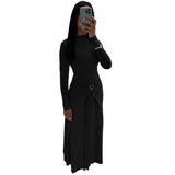Fongt 2025 New Women's Pure Color Temperament Elegant Long-Sleeved Decorative Buckle Tied Dress Woman