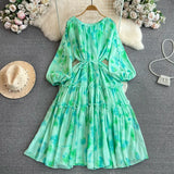 Fongt And Autumn Gentle Style Temperament Long Sleeves Low Circle To Receive The Waist Thin Long A-Word Large Pendted Dress