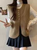 New Solid Color Single-Breasted Buckle Folded Through Leisure College Women's Vest Round Collar Knitting Korean Version Of The Small Fragrant Wind Vest-Outfit