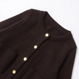 Fongt 2025 New Women's Gold Buckle Pocket Dress Short Long-Sleeved Knitted Jacket