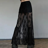 Fongt Pure Desire Wind Lace Stitching Perspective Skirt Female New High Waist Show Thin Slit A Word Swing Skirt-Outfit