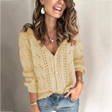 Fongt And Autumn New Women's Cardigan Long Sleeve Hollow V Neck Sweater Women's