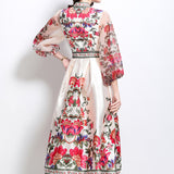 Fongt Retro Cross-Lace With Waist V-Neck Yarn Lantern Sleeves Thin Temperament Print Dress