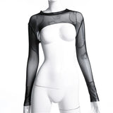 Fongt Summer Sexy Super Short T-Shirt Perspective High-Neck Long-Sleeved Transparent