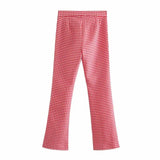 2021 Plaid High Waist Flare Pants Women Vintage Red Gingham Summer Trouser Chic Front Welt Pockets Woman Casual