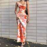 Popular Tie-Dye Printed Sexy Back Cross-Bandage Medium-Long Sling Dress-Outfit