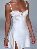 Women Lace Short Split Dress Retro Ruched Lace-up Mini Dress Elegant Backless Solid Female Vestidos Y2K Clubwear 2023-Outfit