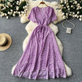 Fongt Piece Of V-Neck Tie With Short Sleeves Of Broken Flower Dress Women's Summer Thin Temperament French Dress